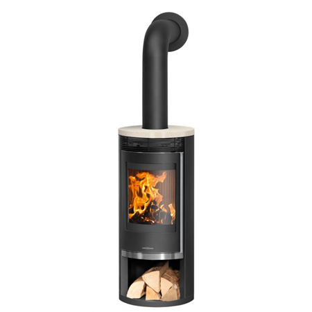 Poêle à bois Oranier ROTA 2.0 Acier Noir et Dessus Pierre Bianco