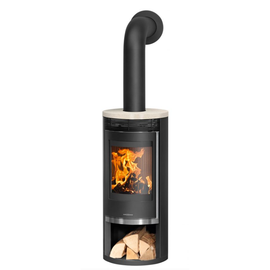 Poêle à bois Oranier ROTA 2.0 Acier Noir et Dessus Pierre Bianco