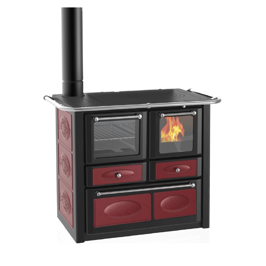 Cuisinière à bois Lincar Gaia 149A VL SX bordeaux avec four - Flamme visible